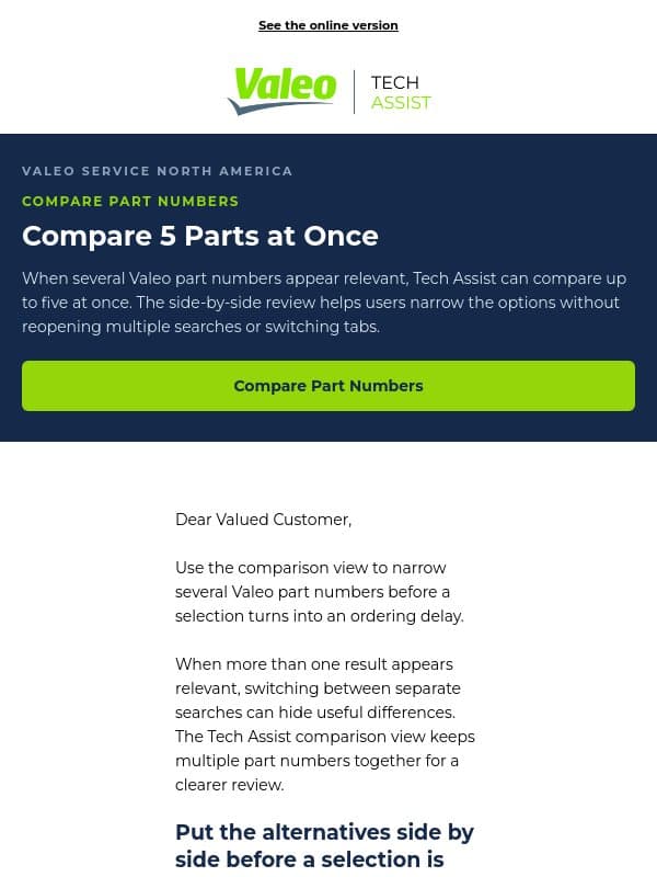 Compare 5 Parts at Once email from Valeo