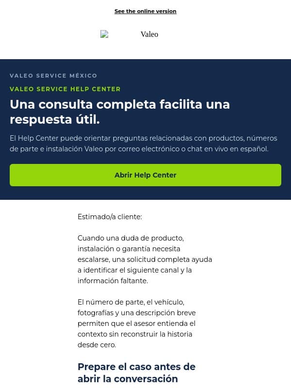 Resuelva dudas de garantía email from Valeo