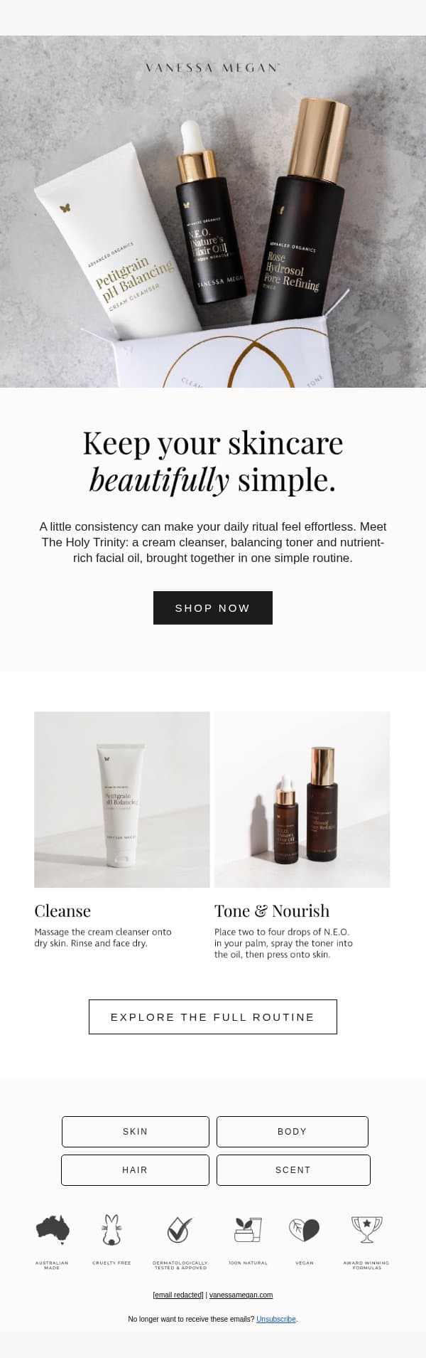 Three steps. Your daily skincare ritual. email from Vanessa Megan screenshot