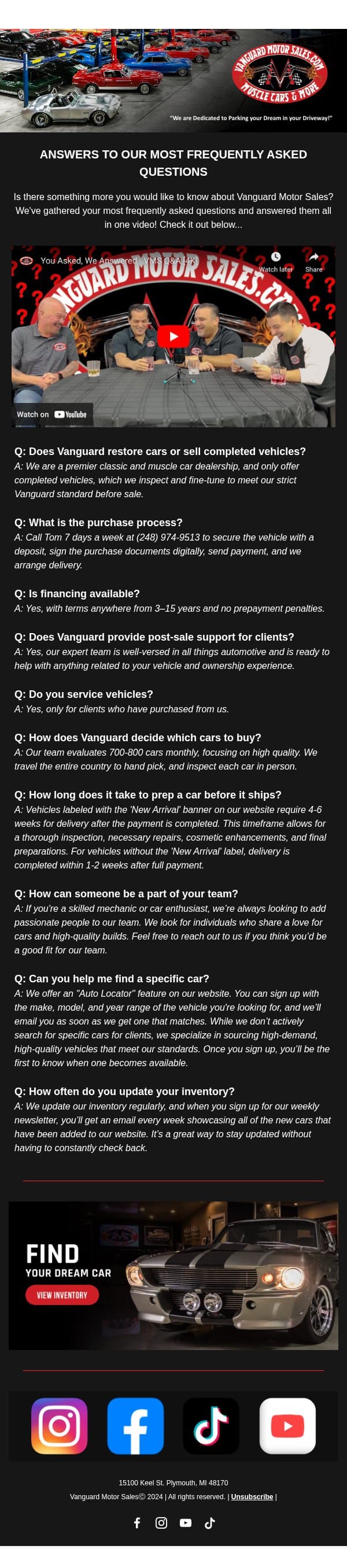 You Asked, We Answered - FAQ's email from Vanguard Motor Sales screenshot