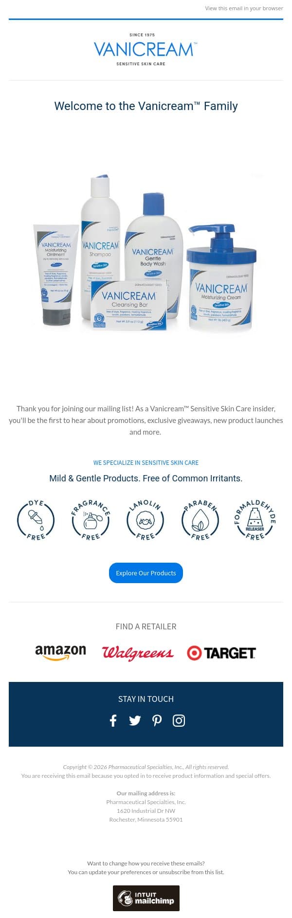 You’re signed up: Welcome to Vanicream! email from Vanicream screenshot