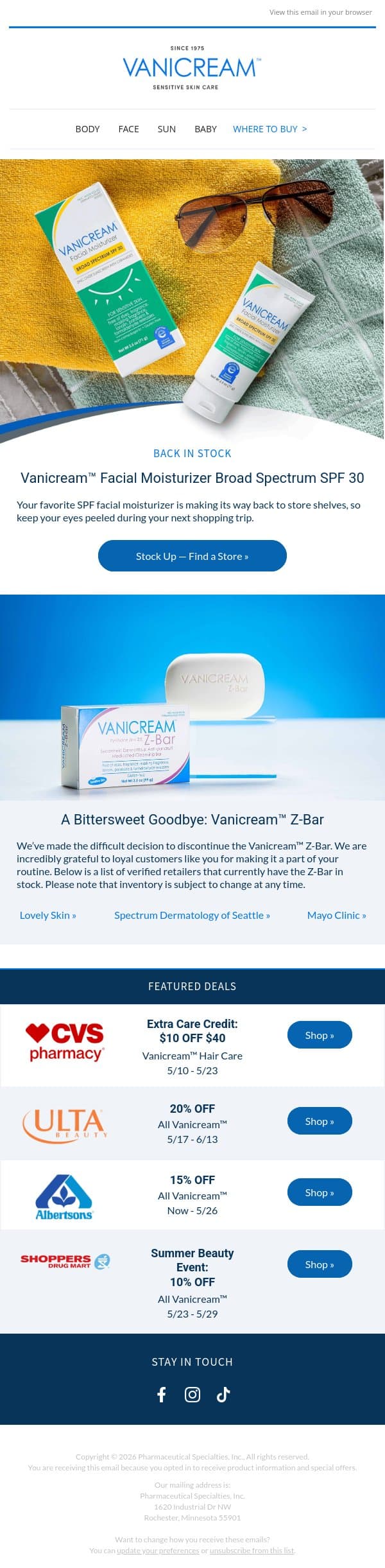 Restock Alert 🚨 email from Vanicream screenshot