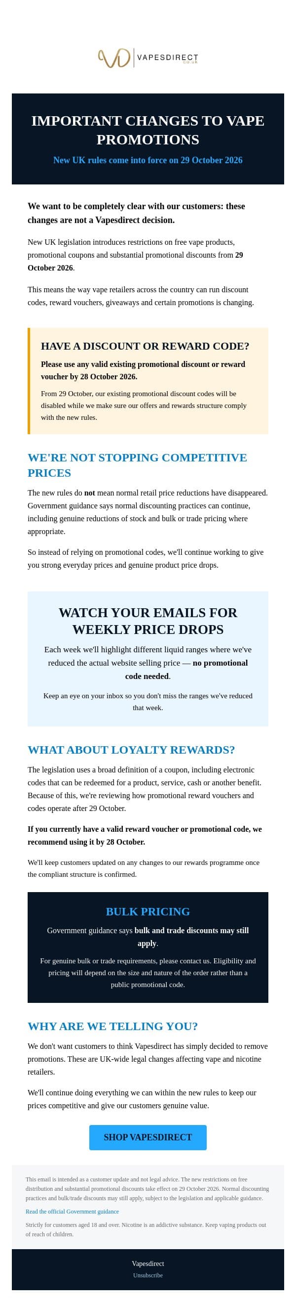 Important: UK vape promotion rules are changing email from Vapes Direct screenshot