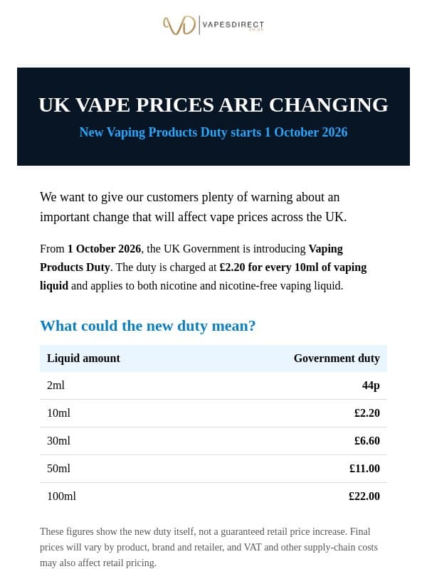 ⚠️ Vape prices are changing – what you need to know email from Vapes Direct