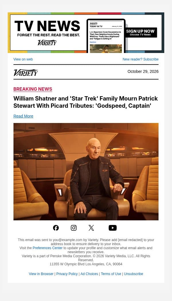 William Shatner and 'Star Trek' Family Mourn Patrick Stewart With Picard Tributes: 'Godspeed, Captain' email from Variety screenshot