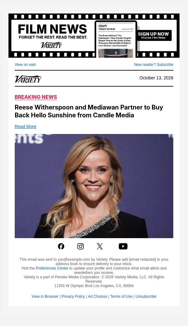 Reese Witherspoon and Mediawan Partner to Buy Back Hello Sunshine from Candle Media email from Variety screenshot