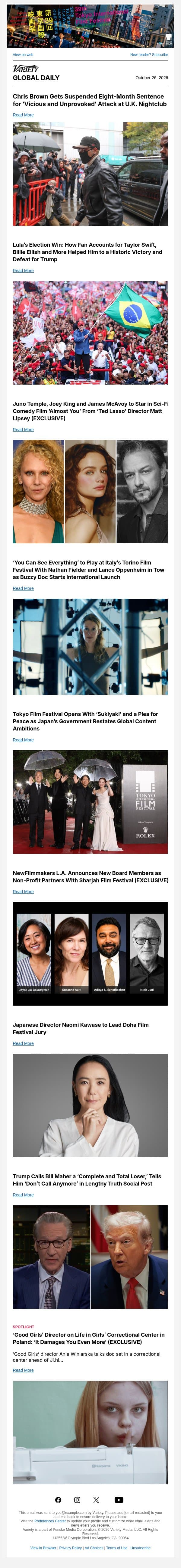 Chris Brown Sentenced; Lula Wins Brazil; Juno Temple's Next Film email from Variety screenshot