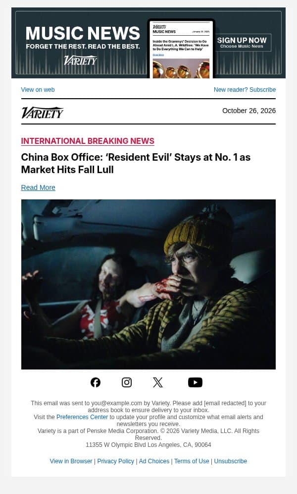 China Box Office: ‘Resident Evil’ Stays at No. 1 as Market Hits Fall Lull email from Variety screenshot