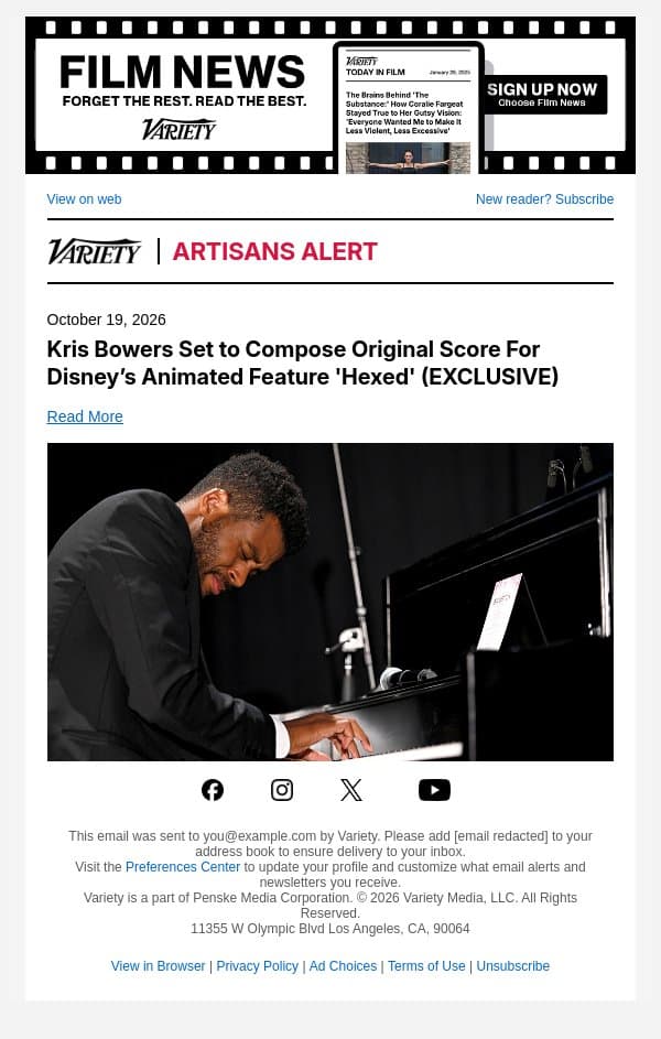 Kris Bowers Set to Compose Original Score For Disney’s Animated Feature 'Hexed' (EXCLUSIVE) email from Variety screenshot