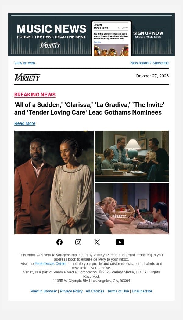 'All of a Sudden,' 'Clarissa,' 'La Gradiva,' 'The Invite' and 'Tender Loving Care' Lead Gothams Nominees email from Variety screenshot