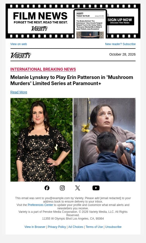 Melanie Lynskey to Play Erin Patterson in 'Mushroom Murders' Limited Series at Paramount+ email from Variety screenshot