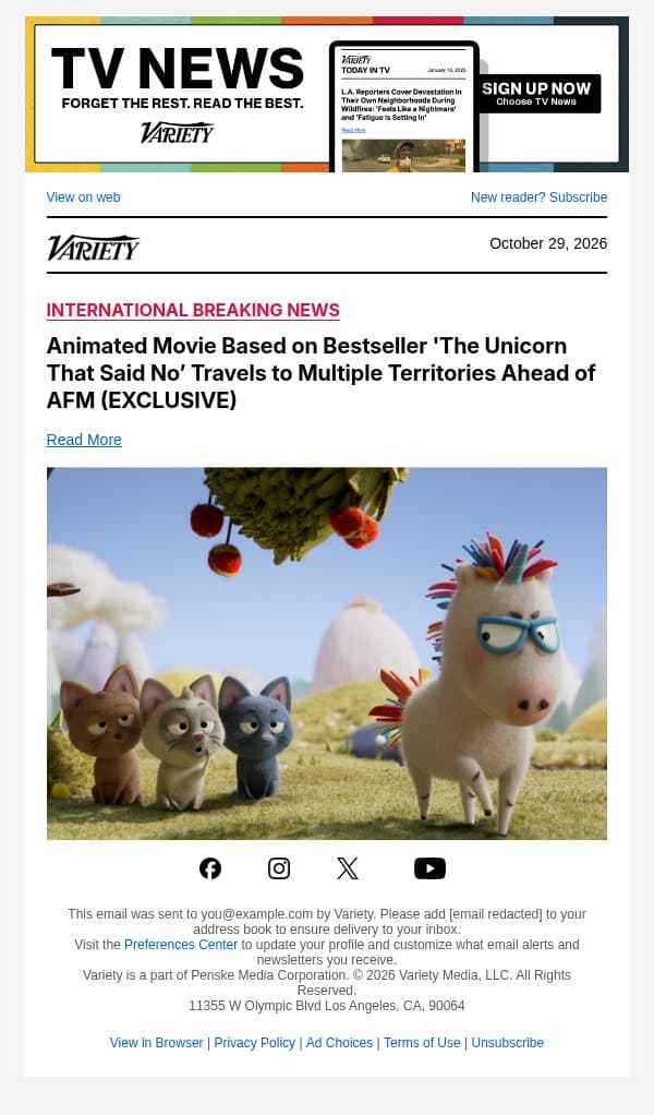 Animated Movie Based on Bestseller 'The Unicorn That Said No’ Travels to Multiple Territories Ahead of AFM (EXCLUSIVE) email from Variety screenshot