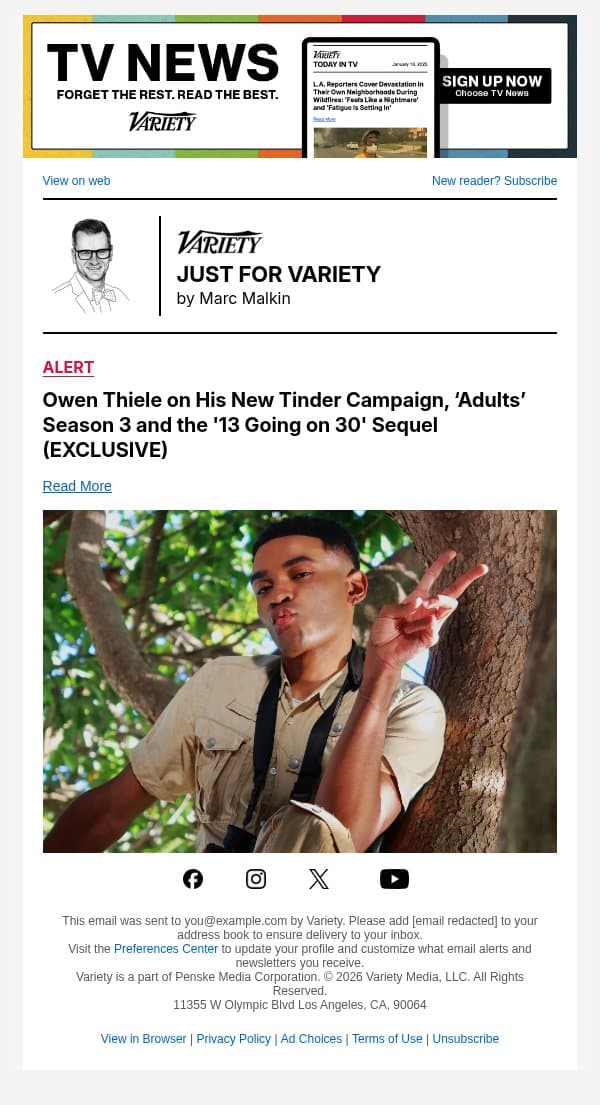 Owen Thiele on His New Tinder Campaign, ‘Adults’ Season 3 and the '13 Going on 30' Sequel (EXCLUSIVE) email from Variety screenshot