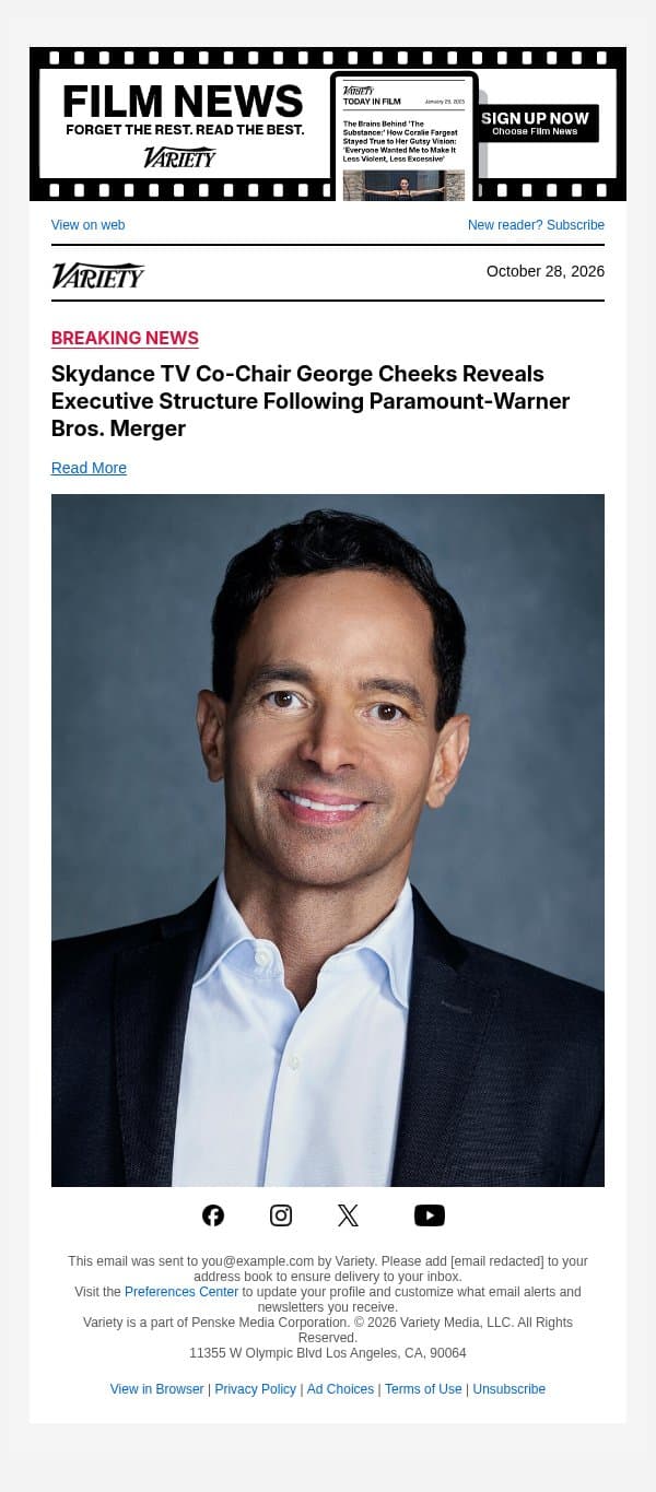 Skydance TV Co-Chair George Cheeks Reveals Executive Structure Following Paramount-Warner Bros. Merger email from Variety screenshot