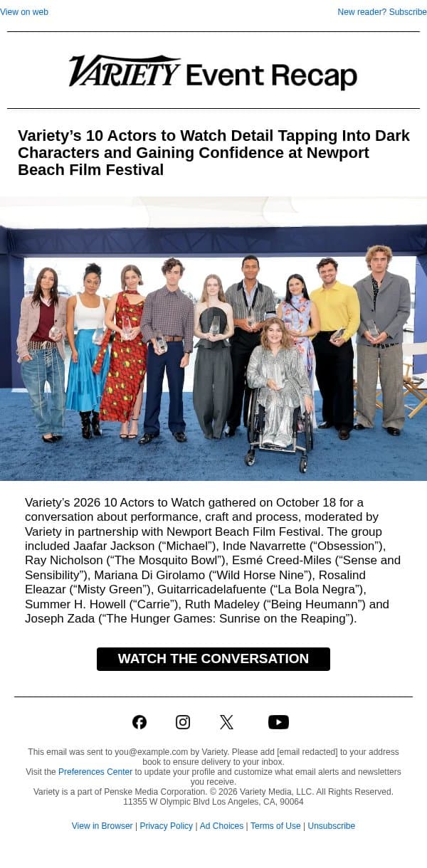 Watch the Conversation – Variety’s 10 Actors to Watch at Newport Beach Film Festival email from Variety screenshot