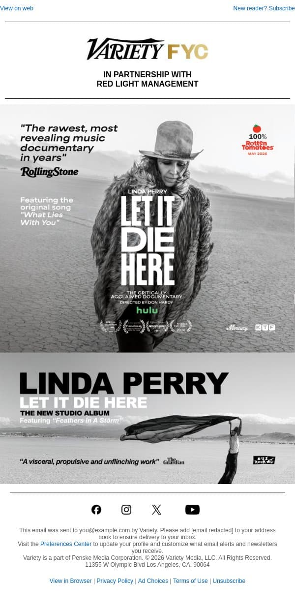 LINDA PERRY: For Your GRAMMY® Consideration email from Variety screenshot