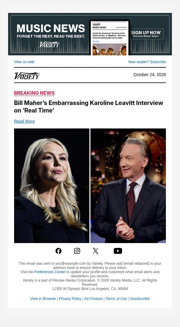 Bill Maher’s Embarrassing Karoline Leavitt Interview on ‘Real Time’ email from Variety screenshot