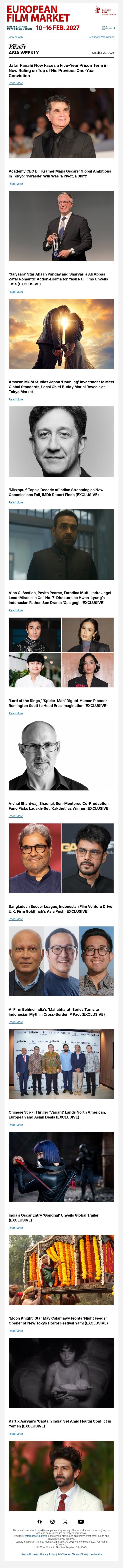 Jafar Panahi's Prison Term; Academy Chief's Global Ambitions; 'Saiyaara' Star's New Film email from Variety screenshot
