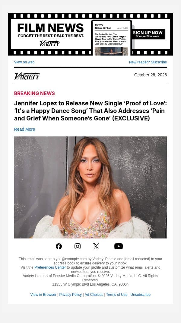 Jennifer Lopez to Release New Single ‘Proof of Love’: ‘It's a Happy Dance Song’ That Also Addresses ‘Pain and Grief When Someone’s Gone’ (EXCLUSIVE) email from Variety screenshot