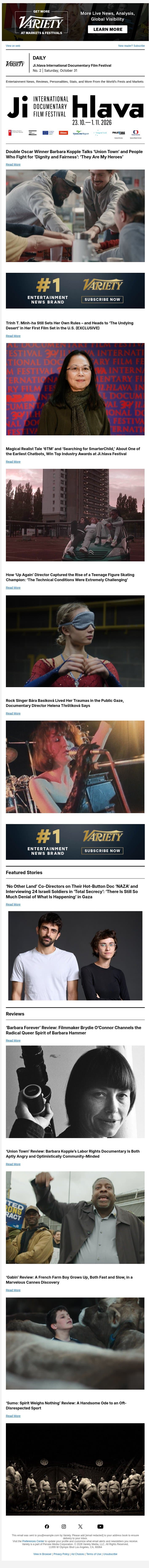 Barbara Kopple Talks ‘Union Town’; Trinh T. Minh-ha on 'Undying Desert'; Industry Awards email from Variety screenshot