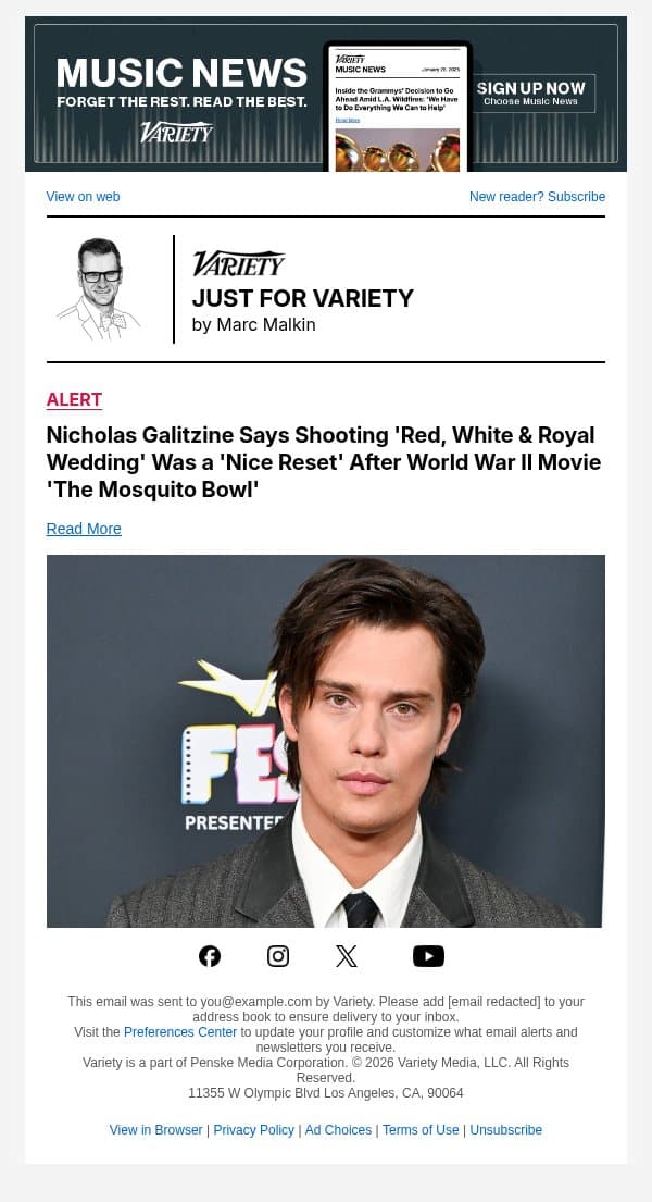 Nicholas Galitzine Says Shooting 'Red, White & Royal Wedding' Was a 'Nice Reset' After World War II Movie 'The Mosquito Bowl' email from Variety screenshot