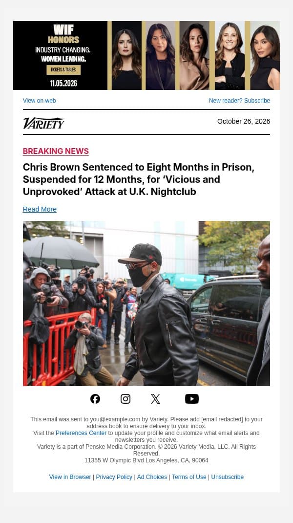 Chris Brown Sentenced to Eight Months in Prison, Suspended for 12 Months, for ‘Vicious and Unprovoked’ Attack at U.K. Nightclub email from Variety screenshot