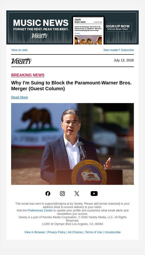 Why I'm Suing to Block the Paramount-Warner Bros. Merger (Guest Column) email from Variety screenshot