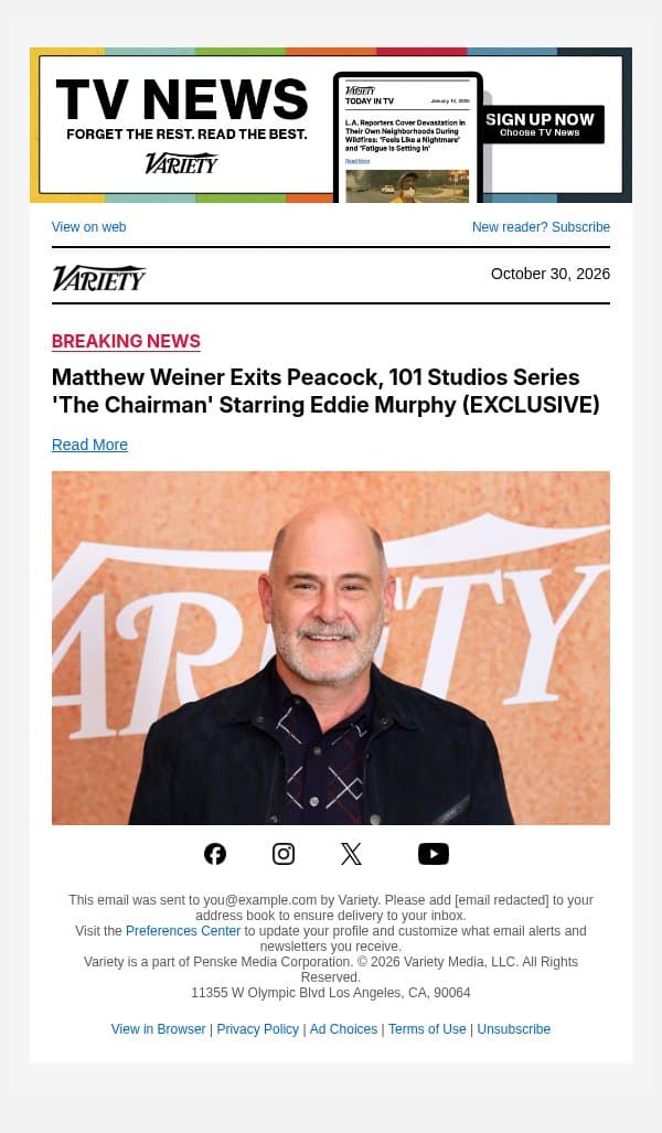 Matthew Weiner Exits Peacock, 101 Studios Series 'The Chairman' Starring Eddie Murphy (EXCLUSIVE) email from Variety screenshot