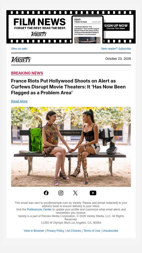 France Riots Put Hollywood Shoots on Alert as Curfews Disrupt Movie Theaters: It 'Has Now Been Flagged as a Problem Area' email from Variety screenshot