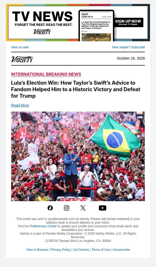Lula’s Election Win: How Taylor’s Swift’s Advice to Fandom Helped Him to a Historic Victory and Defeat for Trump email from Variety screenshot