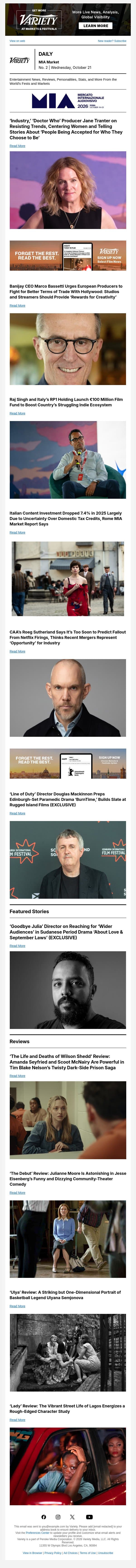 Jane Tranter Talks Resisting Trends; Marco Bassetti on Hollywood Deals; Raj Singh, RP1 Launch Fund email from Variety screenshot