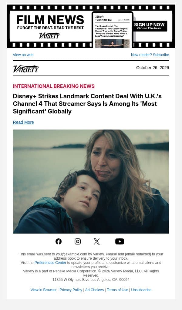 Disney+ Strikes Landmark Content Deal With U.K.'s Channel 4 That Streamer Says Is Among Its 'Most Significant' Globally email from Variety screenshot