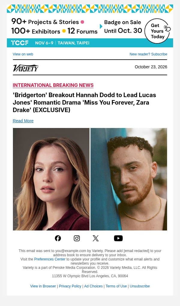 'Bridgerton' Breakout Hannah Dodd to Lead Lucas Jones' Romantic Drama 'Miss You Forever, Zara Drake' (EXCLUSIVE) email from Variety screenshot