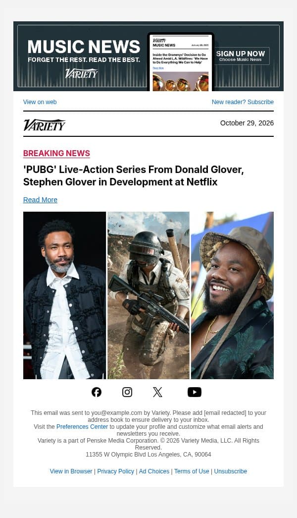 'PUBG' Live-Action Series From Donald Glover, Stephen Glover in Development at Netflix email from Variety screenshot