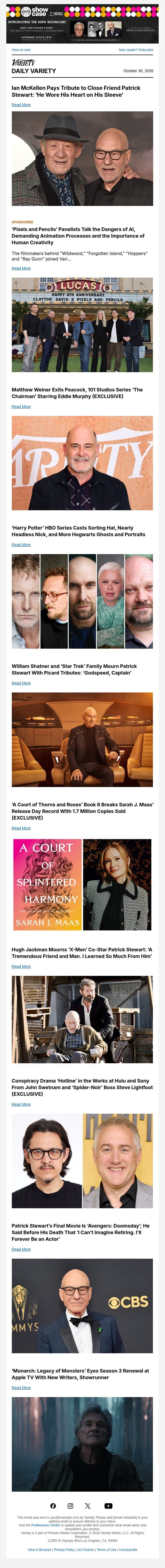 Remembering Patrick Stewart; Matthew Weiner Exits Eddie Murphy Series; 'Harry Potter' Casts Sorting Hat, Ghosts and More email from Variety screenshot