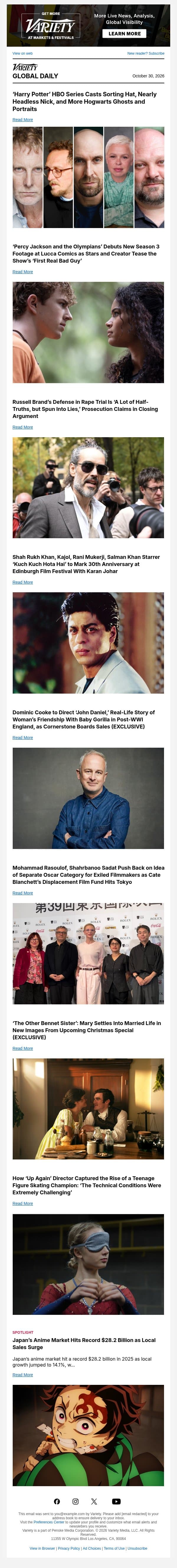 More 'Harry Potter' Casting; 'Percy Jackson' at Lucca Comics; Russell Brand Closing Argument email from Variety screenshot