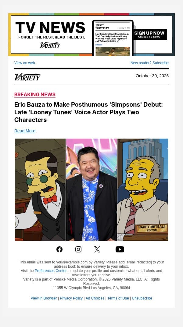 Eric Bauza to Make Posthumous 'Simpsons' Debut: Late 'Looney Tunes' Voice Actor Plays Two Characters email from Variety screenshot