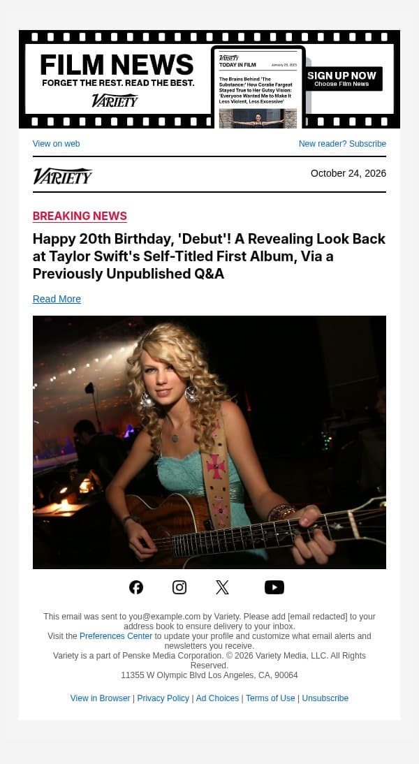 Happy 20th Birthday, 'Debut'! A Revealing Look Back at Taylor Swift's Self-Titled First Album, Via a Previously Unpublished Q&A email from Variety screenshot