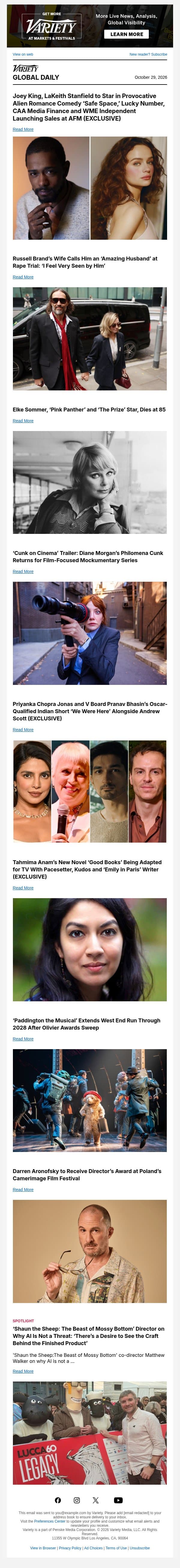 Joey King and LaKeith Stanfield Team; Russell Brand's Wife Testifies; Elke Sommer Dies email from Variety screenshot