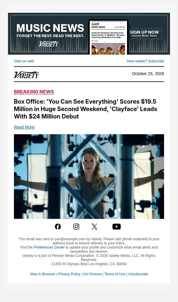 Box Office: 'You Can See Everything' Scores $19.5 Million in Huge Second Weekend, 'Clayface' Leads With $24 Million Debut email from Variety screenshot