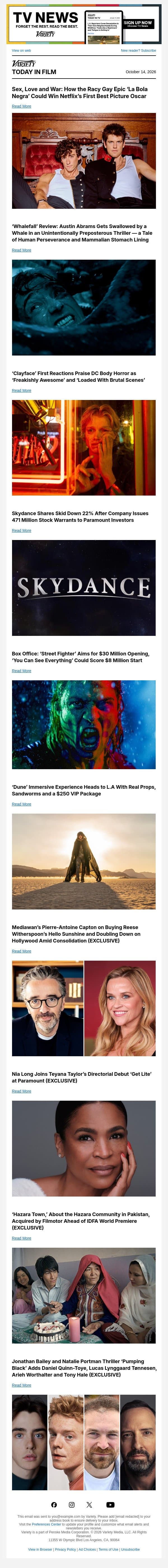 'La Bola Negra' Cover; 'Whalefall' Review; 'Clayface' First Reactions email from Variety screenshot