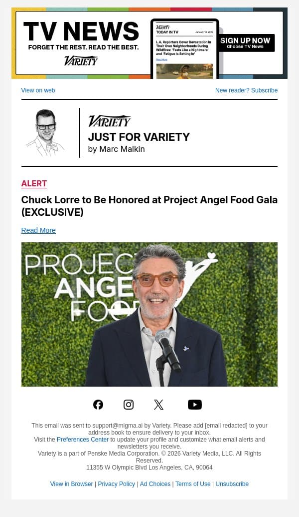 Chuck Lorre to Be Honored at Project Angel Food Gala (EXCLUSIVE) email from Variety screenshot