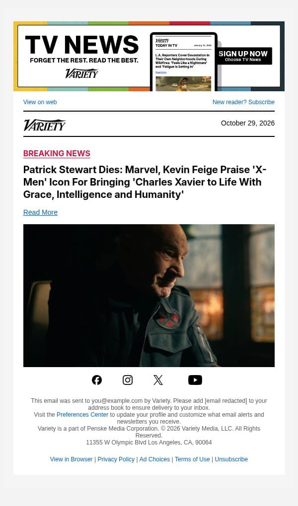 Patrick Stewart Dies: Marvel, Kevin Feige Praise 'X-Men' Icon For Bringing 'Charles Xavier to Life With Grace, Intelligence and Humanity' email from Variety screenshot
