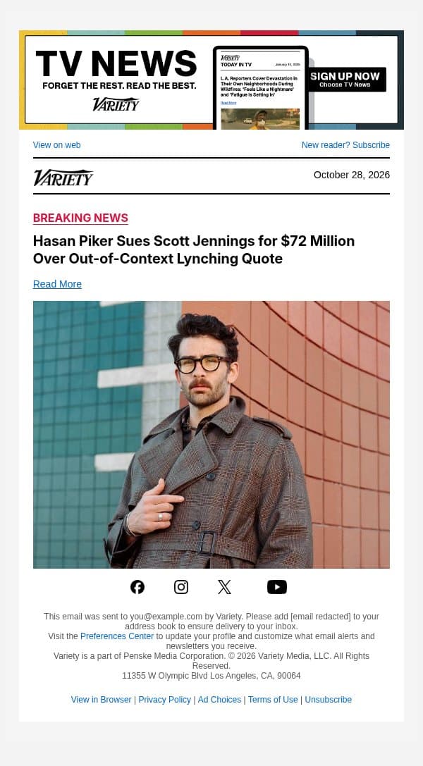 Hasan Piker Sues Scott Jennings for $72 Million Over Out-of-Context Lynching Quote email from Variety screenshot