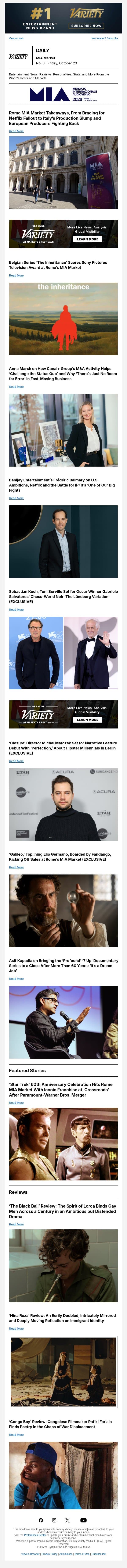 MIA Market Takeaways; 'The Inheritance' Wins; Anna Marsh on M&A Activity email from Variety screenshot