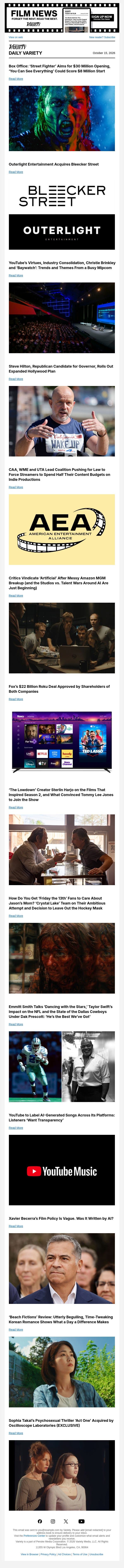 Box Office: 'Street Fighter' Aims for $30 Million; Outerlight Acquires Bleecker Street; Breaking Down Mipcom's Biggest Trends email from Variety screenshot