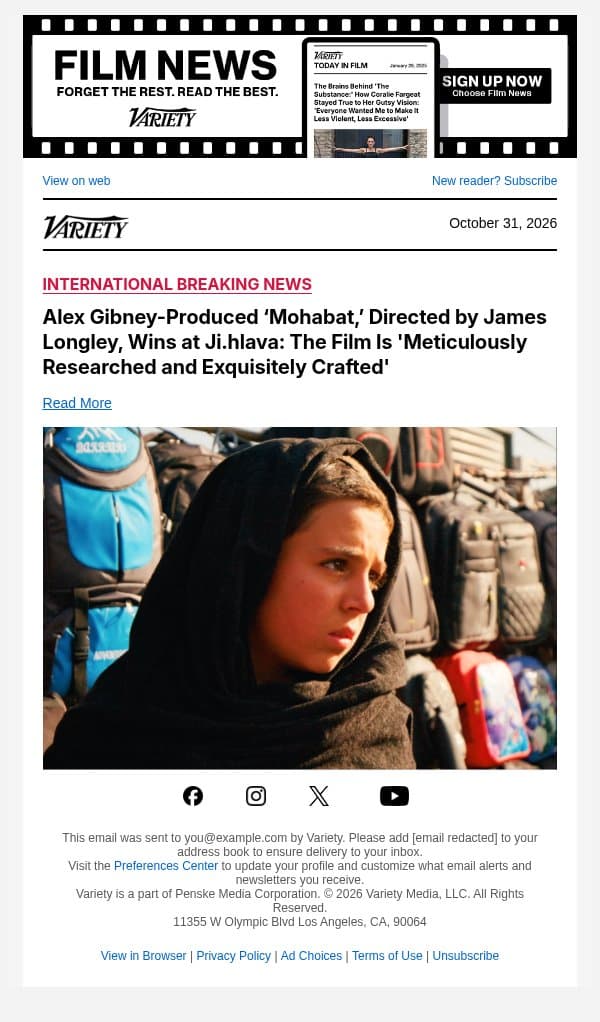 Alex Gibney-Produced ‘Mohabat,’ Directed by James Longley, Wins at Ji.hlava: The Film Is 'Meticulously Researched and Exquisitely Crafted' email from Variety screenshot