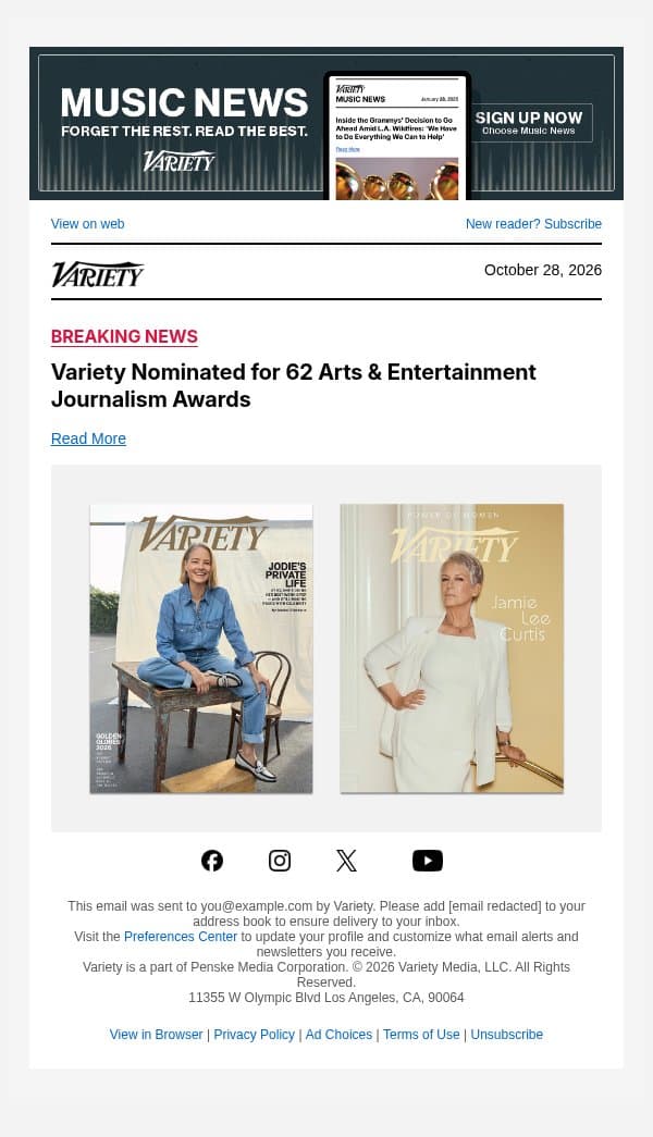 Variety Nominated for 62 Arts & Entertainment Journalism Awards email from Variety screenshot