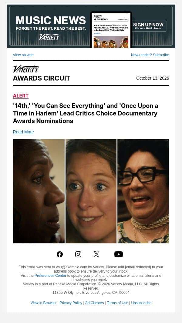 '14th,' 'You Can See Everything' and 'Once Upon a Time in Harlem' Lead Critics Choice Documentary Awards Nominations email from Variety screenshot