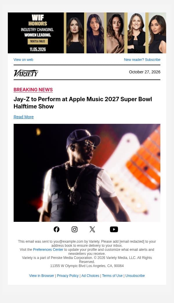 Jay-Z to Perform at Apple Music 2027 Super Bowl Halftime Show email from Variety screenshot